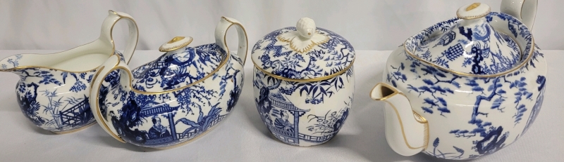 Vintage Royal Crown Derby Tea Pot With Creamer And Sugar Set Mikado Pattern