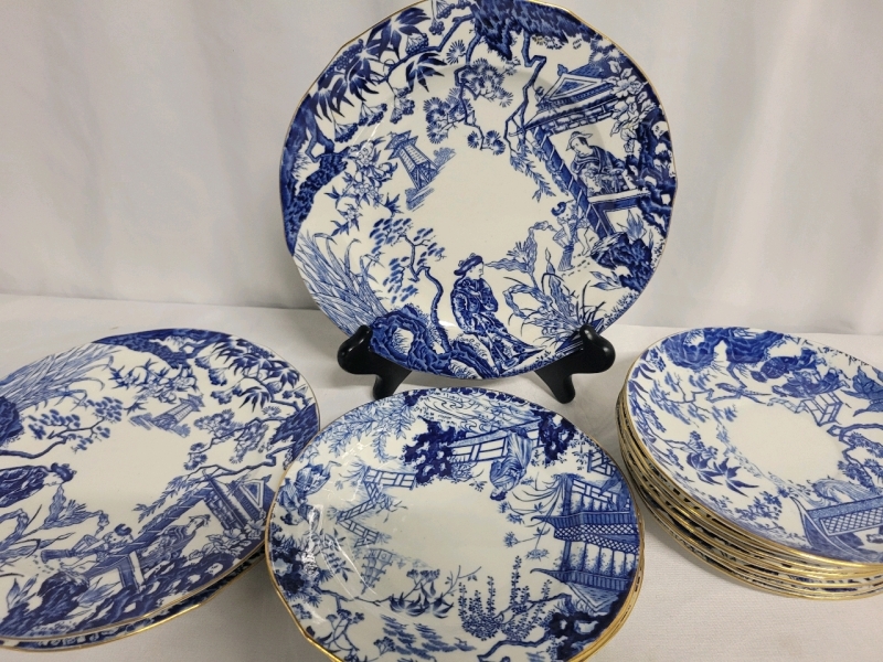 Vintage Royal Crown Derby Dish Set 8 Tea, 4 Dessert & 3 Salad Mikado Pattern, All Ring True