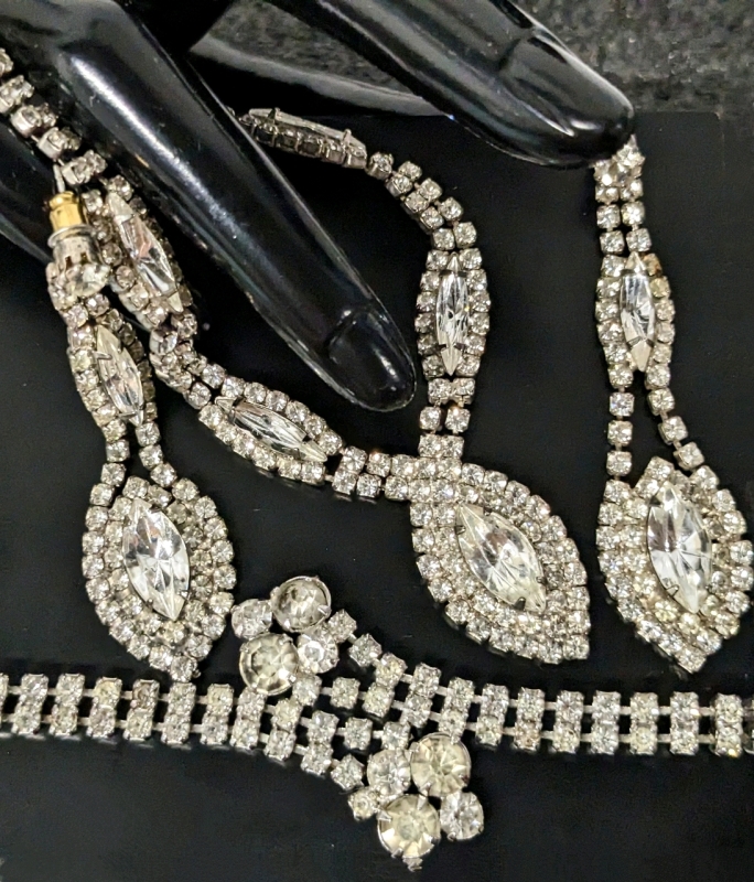 Lovely Vintage Sterling Silver & Rhinestones Necklace (17" Long) with Matching Earrings (2.25" Long) & Bracelet (6")