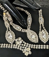 Lovely Vintage Sterling Silver & Rhinestones Necklace (17" Long) with Matching Earrings (2.25" Long) & Bracelet (6")