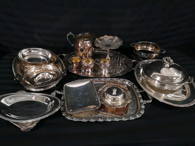 20+ Vintage Silverplate Dishes + Storage Tote