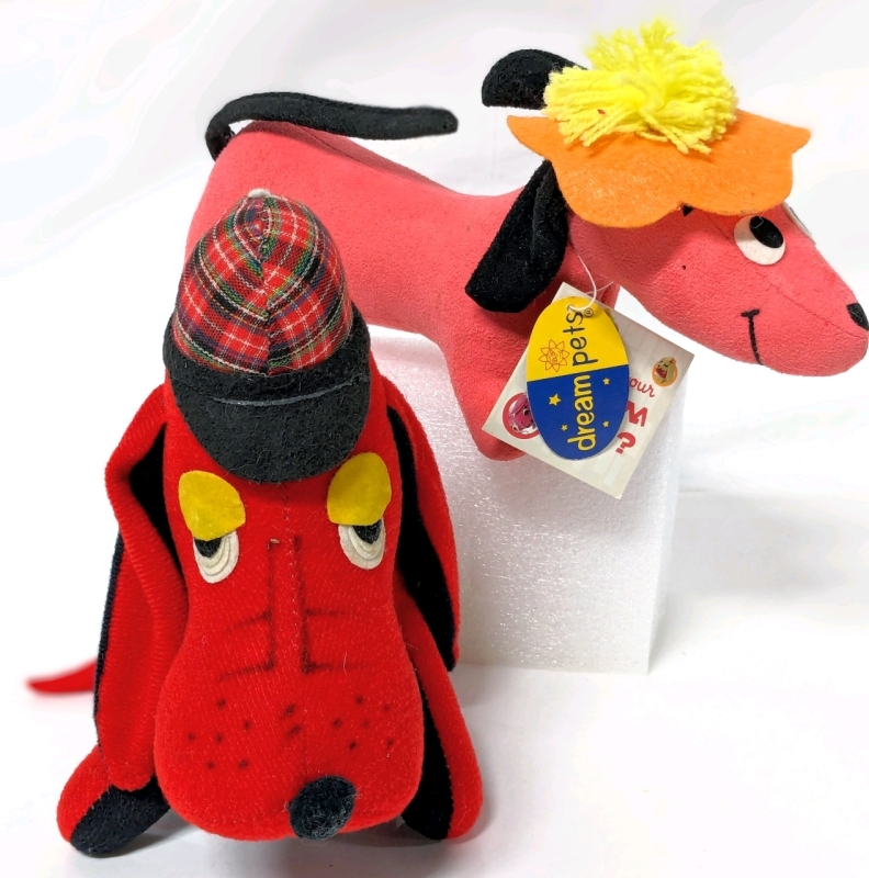 2 Adorable Vintage Dakin Dream Pets Stuffed Dogs | Dolly 9" Long x 4" Tall & Detective Dog 1980 7" Long
