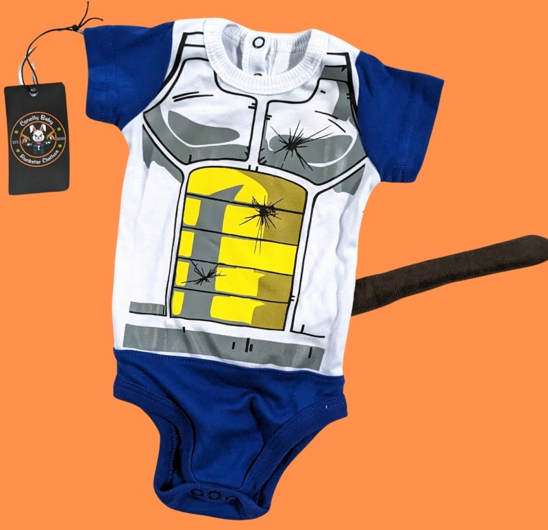 New Size Medium | Dragonball Z Vegeta Anime Baby Onesie with Tail by Connelly Baby | 14" From Neckline to Pelvis