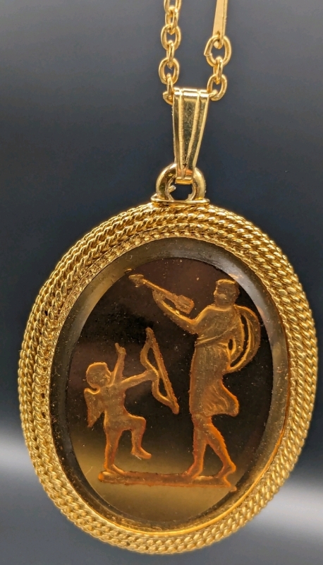 Vintage Amber Glass Intaglio of Venus and Cupid on 24" Gold Tone Chain