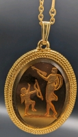 Vintage Amber Glass Intaglio of Venus and Cupid on 24" Gold Tone Chain