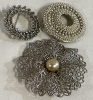 3 Silver Toned Brooches Snowflake Faux Pearl 2.5&rdquo; Circular Faux Pearls 1.5&rdquo; & Leaf Wreath With Stones 1.25&rdquo;