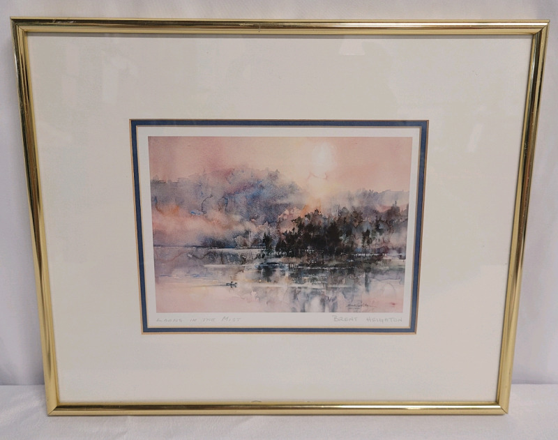 " Loons in the Mist " by Canadian Artist Brent Heighton . Framed Print measures 13 1/4"&times;10 3/4"
