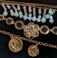 3 Vintage to Modern Necklaces | 15" Long Clear Faceted Stones & Flower Choker, Reproduction Roman Coin 48" Necklace & 27" Long Stunning Dual Strand Flowing Beaded Opera Necklace