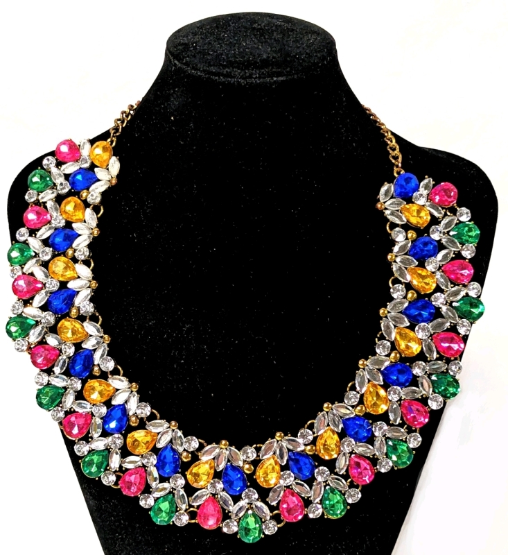 Vintage Unsigned Kenneth Jay Lane Fruit Salad Multi Color Rhinestone Bib Necklace | 14" Long