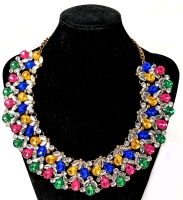 Vintage Unsigned Kenneth Jay Lane Fruit Salad Multi Color Rhinestone Bib Necklace | 14" Long