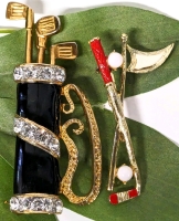 2 Vintage Gold Brooches | 1 Signed Gerry's Golf Clubs, 1 With Loose, Jiggling Clubs and Rhinestones (2.1" - 2.5")