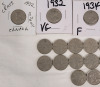 1932 - 1936 Canadian King George VI Five Cent Nickels in Various Condition . 25 Coins - 2