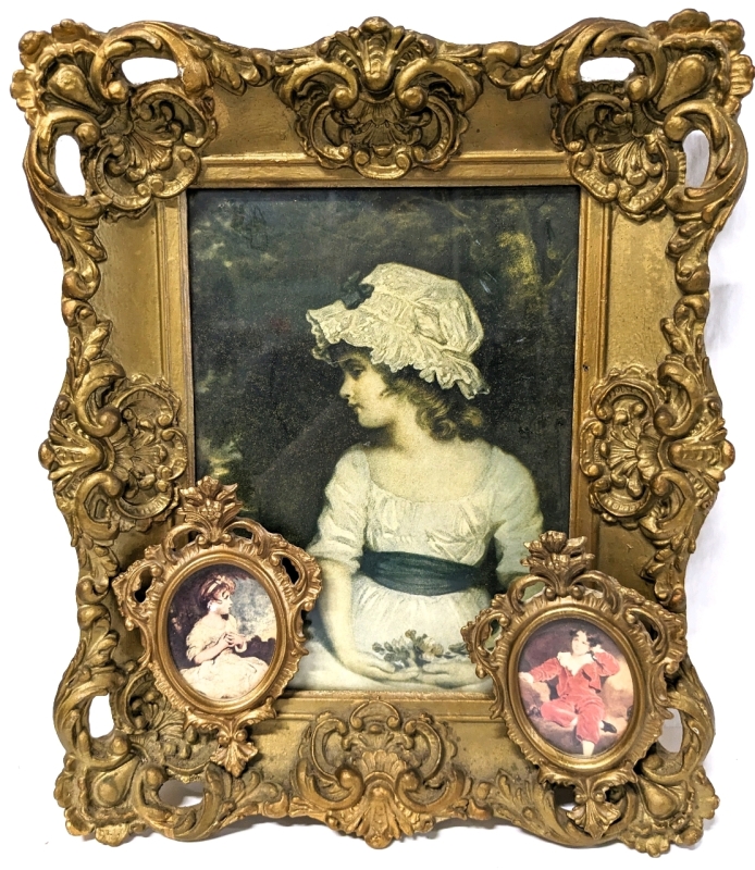 3 Vintage Framed Portrait Prints with Intricate Gold Gilt Frames | 14.25" x 17" / 7" x 4.5"