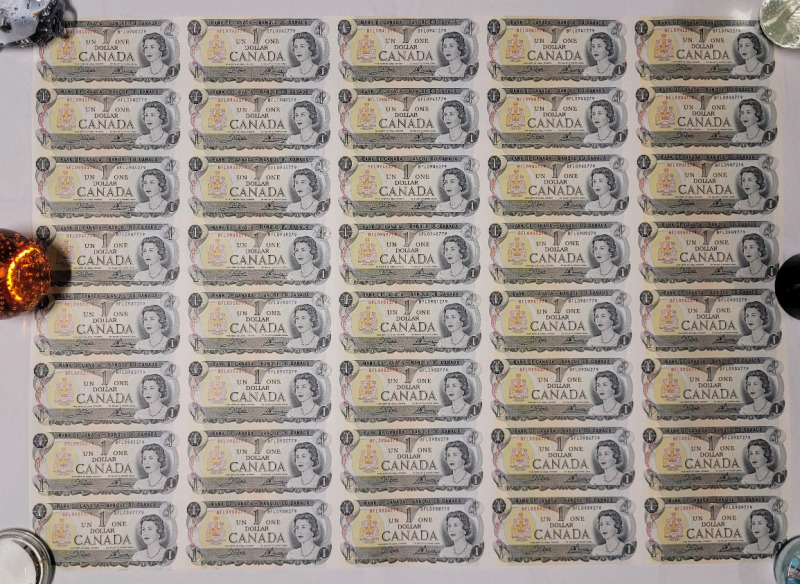 1973 Canadian Bank of Canada One Dollar Bank Notes Uncut Sheet . No rips or tears
