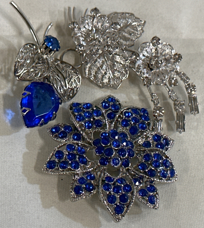 3 Silver Toned Brooches Blue Stones Flower 1.75&rdquo; Blue Stones Butterfly Brooch 1.75&rdquo; Crystal Flowers Brooch 2.25&rdquo;