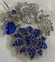 3 Silver Toned Brooches Blue Stones Flower 1.75&rdquo; Blue Stones Butterfly Brooch 1.75&rdquo; Crystal Flowers Brooch 2.25&rdquo;