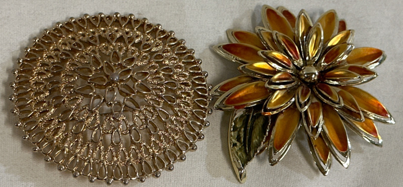 2 Gold Toned Brooches Raised Shield Brooch 2.5&rdquo; & Orange and Green Flower Brooch 2.5&rdquo;