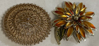 2 Gold Toned Brooches Raised Shield Brooch 2.5&rdquo; & Orange and Green Flower Brooch 2.5&rdquo;