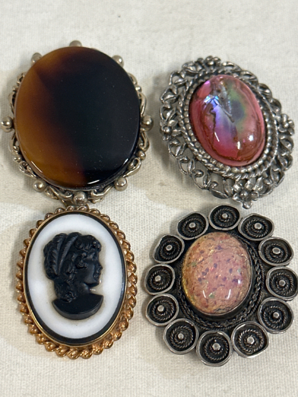 4 Beautiful Raised Brooches 3 With Oval Stones 1 Victorian Lady Cameo 1.25&rdquo; & 1.5&rdquo;