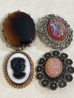 4 Beautiful Raised Brooches 3 With Oval Stones 1 Victorian Lady Cameo 1.25&rdquo; & 1.5&rdquo;