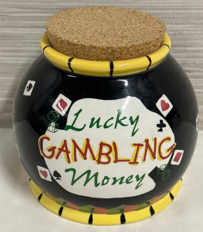Bella Casa Lucky Gambling Money Jar Cork Top Colorful Ceramic by Ganz 5.5"
