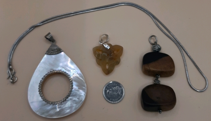 3 Vintage Pendants-Mother of Pearl Celtic Knot Wood Free Form 20" Unmarked Sterling Silver Chain with Vintage S Hook Closure