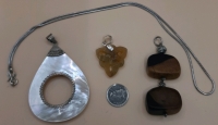 3 Vintage Pendants-Mother of Pearl Celtic Knot Wood Free Form 20" Unmarked Sterling Silver Chain with Vintage S Hook Closure