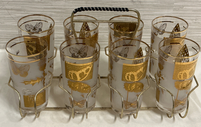 8 Vintage Fred Press Butterfly & Thistle Highball Glasses 12oz 24k Gold Culver Style With Noce Carry Tray