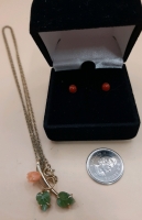 Vintage Carved Coral & Jade Pendant Coral Studs