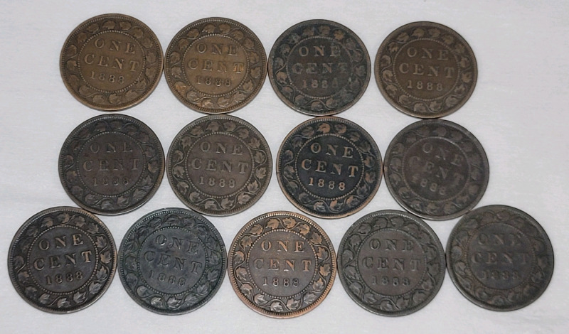 1888 Canadian Queen Victoria Large One Cent Pennies in Various Condition , 13 Coins
