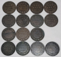 1896 - 1899 Canadian Queen Victoria Large One Cent Pennies in Various Condition , 15 Coins