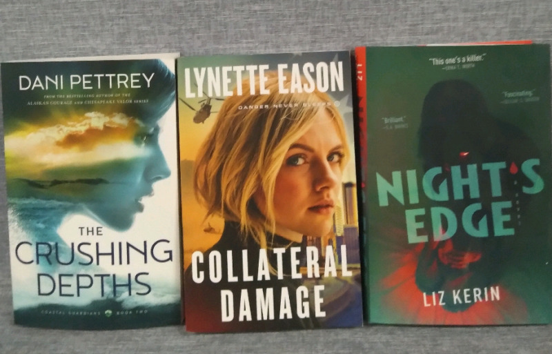 3 Hardcover Softcover Books Dani Pettrey The Crushing Depths, Lynette Eason Collateral Damage, Liz Kerin Nights