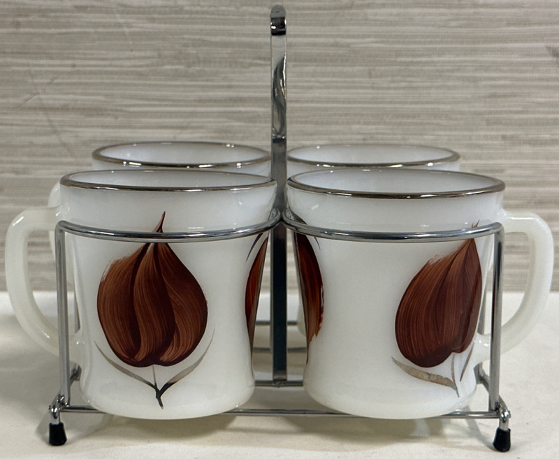 Vintage Set of 4 Anchor Hocking Glass Fire-King Handpainted Leaf Mugs in Carrying Rack Good Condition Made in USA
