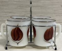 Vintage Set of 4 Anchor Hocking Glass Fire-King Handpainted Leaf Mugs in Carrying Rack Good Condition Made in USA