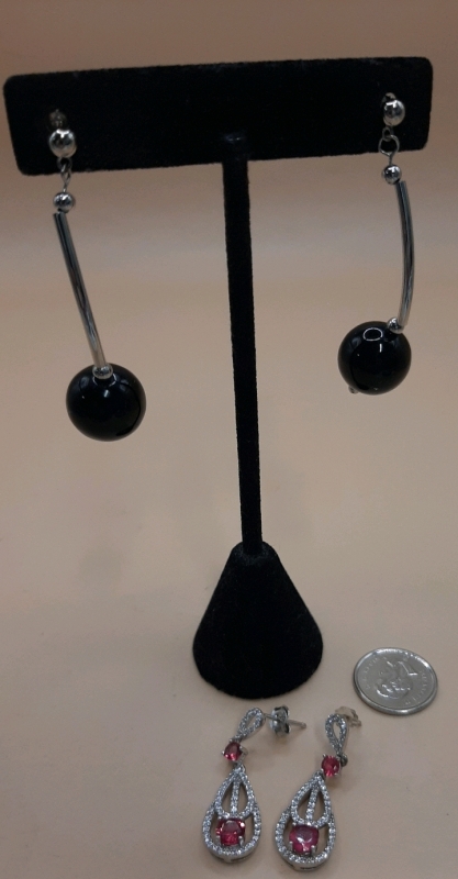 Vintage Onyx Like Drop Earrings Sterling Silver & Crystal Drop Earrings