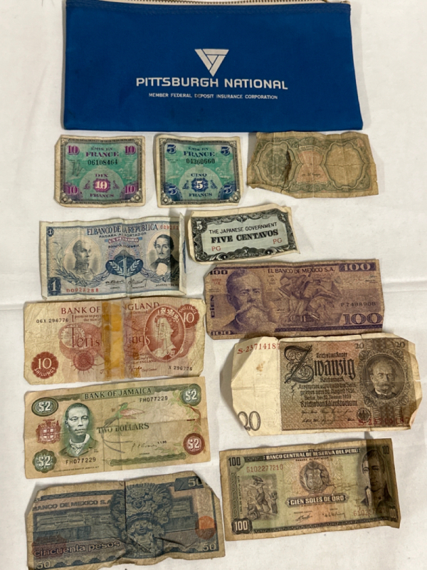 11 Vintage Bank Notes From Around The World Canada Mexico Jamaica Japan France & More