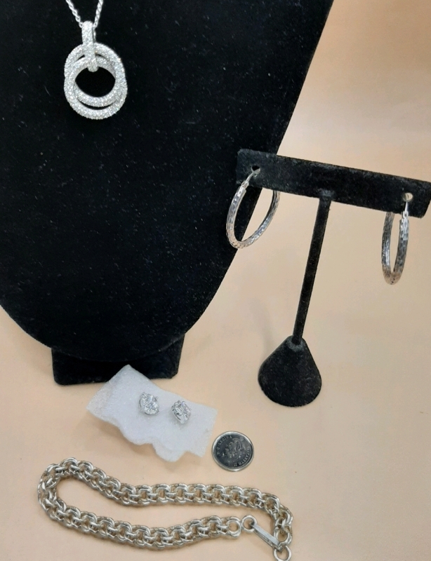 Vintage CZ Entwined Circles Necklace 925 Lever Backed Hoops Signed "N" CZ Studs Unmarked Possible Sterling Silver Chunky Bracelet
