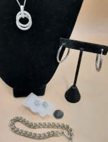 Vintage CZ Entwined Circles Necklace 925 Lever Backed Hoops Signed "N" CZ Studs Unmarked Possible Sterling Silver Chunky Bracelet