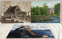 3 Signed Paintings June Graham St.George&rsquo;s Church 14&rdquo; x 18&rdquo; June Graham Old Mill Spring Time 14&rdquo; x 18&rdquo; & Teresa Gillis Fisherman 20&rdquo; x 16&rdquo;
