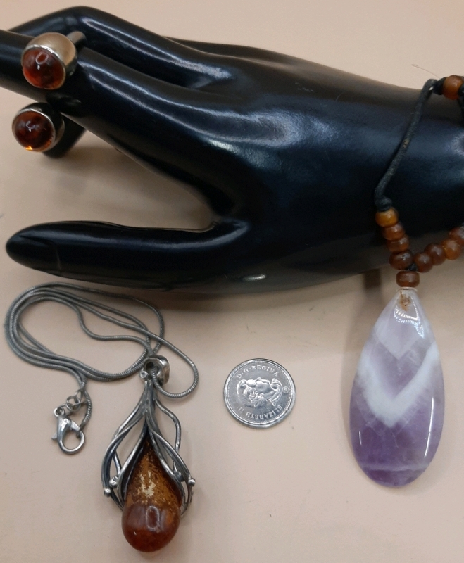 Vintage Amethyst Pendant Bullet Cab Ring Sterling Silver Snake Chain w/ Baltic Amber Pendant