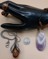 Vintage Amethyst Pendant Bullet Cab Ring Sterling Silver Snake Chain w/ Baltic Amber Pendant