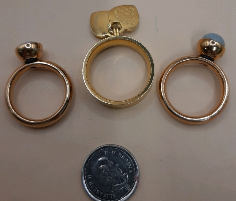 2 Polished Stainless Steel Rings with Stones One Sterling Silver Ring w/Hearts All are signed