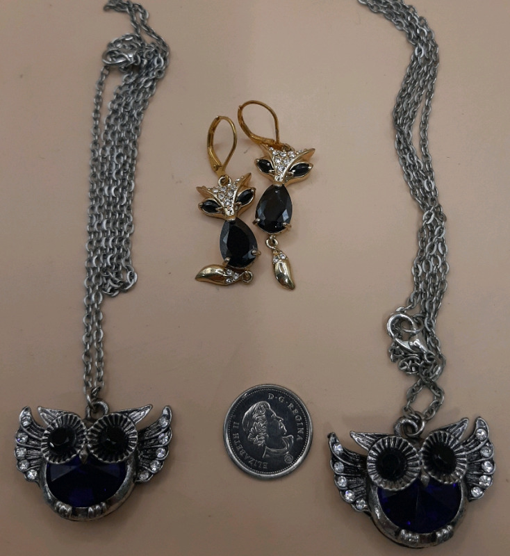 2 Vintage Owl Necklaces & Fox Earrings
