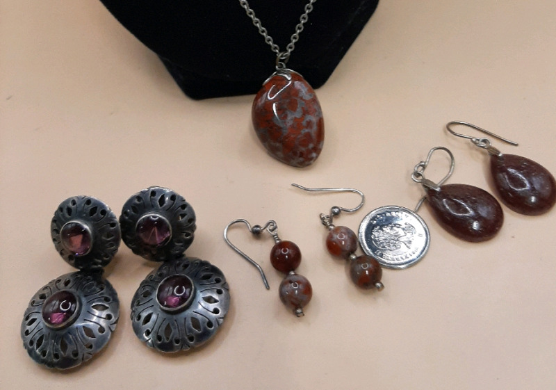 Vintage Brecciated Red Jasper Necklace & Earrings Purple Crystal Bezel Set Earrings
