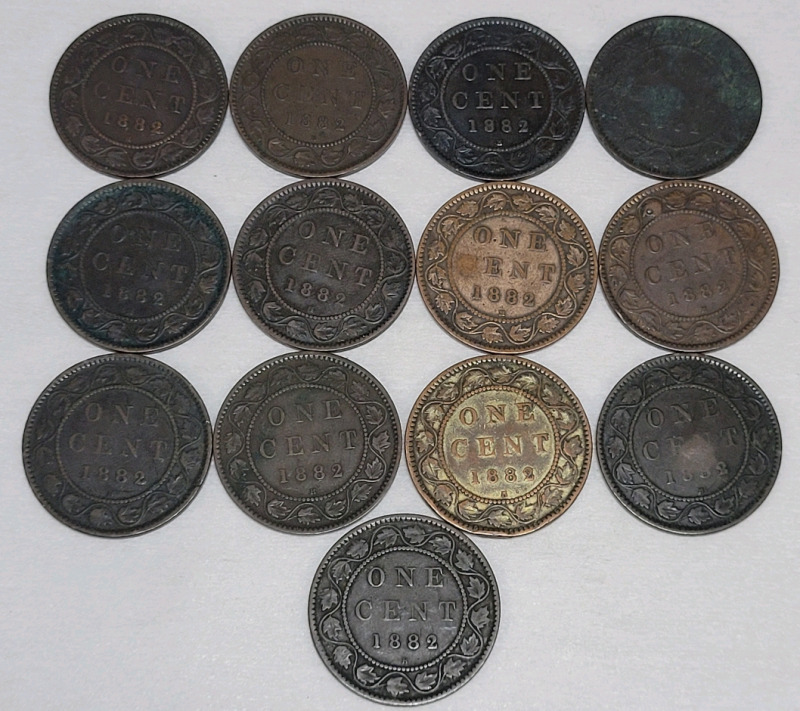 1882 Canadian Queen Victoria Large One Cent Pennies in Various Condition , 13 Coins