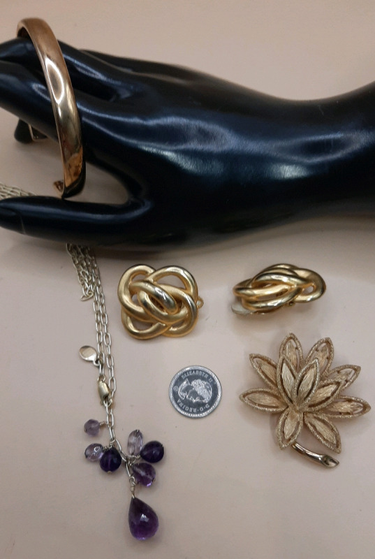 Vintage Celtic Style Knot Clip Ons Brushed Gold Tone Figural Flower Signed Avon Fossil Cuff Bracelet & a Necklace w/ Makers Mark