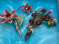 Two Vintage Red Rhinestone & Enamel Spray brooches