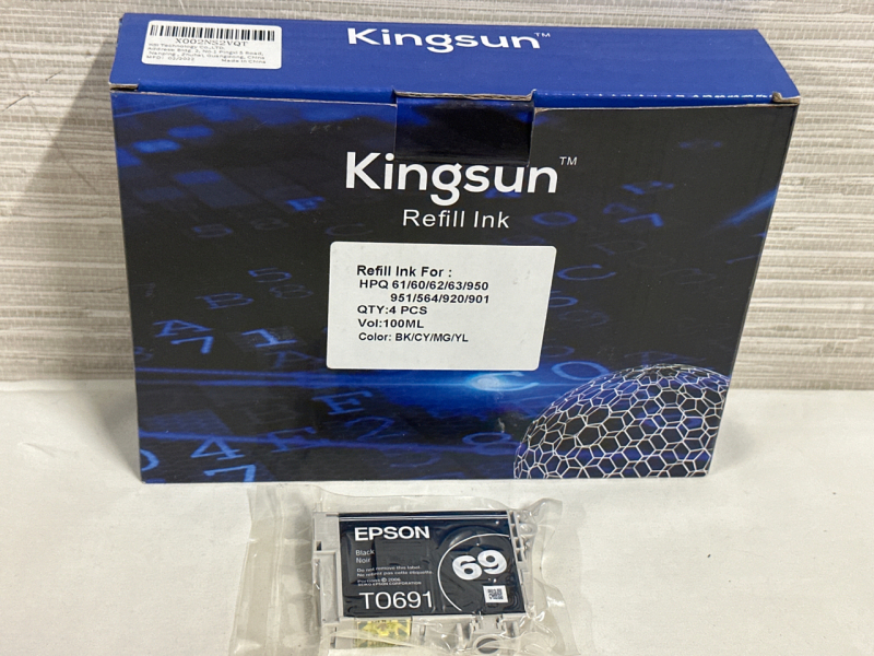 New Kingsun 4Pcs Refill Ink 100ML Universal Refill Ink kit for Epson for Canon for HP for Brother Inkjet Printer CISS Cartridge Printer Ink & Epson 69 Black T0691 Ink Cartridge