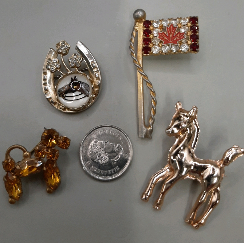 4 Vintage Pins- 2 Horses Canadian Flag Dog