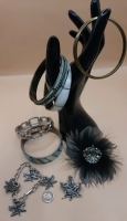 4 Vintage Mother of Pearl & Brass Bracelets Silvertone Hinged Cuff Bracelet with Stones Feathery Pin Leaf Bracelet with Earrings